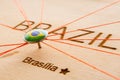 Brazil flag on the pushpin and red threads on the wooden map