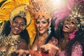 From Brazil, with love. Cropped portrait of three beautiful samba dancers performing at Carnival. Royalty Free Stock Photo