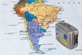 Brazil map and travel case with stickers (my photos) Royalty Free Stock Photo