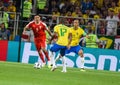 Brazil national team defender Fernandinho with defender Miranda and Serbia striker Aleksandar Mitrovic in the background Royalty Free Stock Photo