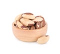 Brazil Nuts in Bowl Wooden Isolated on White Background Royalty Free Stock Photo