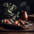 Brazil nuts arranged on a vintage metallic tray