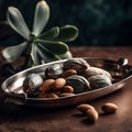 Brazil nuts arranged on a vintage metallic tray