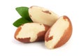 Brazil nuts with leaves isolated on white background closeup. Full depth of field