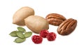 Brazil nuts in shells, pecan, pumpkin seeds and cranberries isolated on white background. Nuts and berries mix
