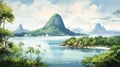 Brazil Peninsula Watercolor Illustration With Lush Landscape And Exotic Birds