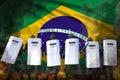 Brazil protest stopping concept, police guards protecting law against mutiny - military 3D Illustration on flag background
