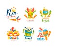 Brazil and Rio Carnival Logo Design with Bright Masquerade Feather Mask, Drum and Maracas Vector Set Royalty Free Stock Photo