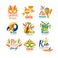Brazil, Rio Carnival logo design set, bright fest.ive party banner with masquerade masks, maracas, toucan, musical