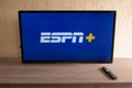 Brazil, Rio de Janeiro - May 19, 2023: ESPN Plus streaming network logo on television