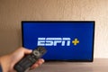 Brazil, Rio de Janeiro - May 19, 2023: ESPN Plus streaming network logo on television