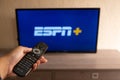 Brazil, Rio de Janeiro - May 19, 2023: ESPN Plus streaming network logo on television