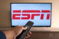 Brazil, Rio de Janeiro - May 19, 2023: ESPN Plus streaming network logo on television