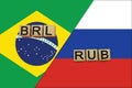 Brazil and Russia currencies codes on national flags background