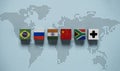 Brazil Russia India China and South Africa flag with plus sign on world map for BRICS plus economic business international Royalty Free Stock Photo