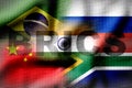 Brazil Russia India China and South Africa flag print screen on waving cloth for BRICS economic international cooperation concept Royalty Free Stock Photo