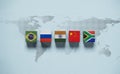 Brazil Russia India China and South Africa flag on world map for BRICS economic business international cooperation concept Royalty Free Stock Photo