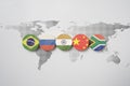 Brazil Russia India China and South Africa flag on world map for BRICS economic international cooperation concept