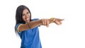 Brazilian woman fan celebrating on football match on white background. Royalty Free Stock Photo