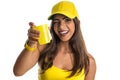 Brazilian woman fan celebrating on soccer match on white background.