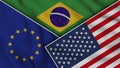 Brazil United States of America European Union Flags Together Fabric Texture Illustration