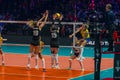 Brazil v. Belgium - Brazilian player smashes on the Belgium defense at Women volleyball championship 2022 at Ahoy arena Rotterdam