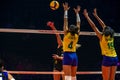 Brazil v. Belgium - Brazilian defense line intercepting the ball at Women`s volleyball championship 2022 at Ahoy arena Rotterdam