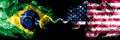 Brazil vs United States of America, American smoke flags placed side by side. Thick colored silky smoke flags of Brazilian and