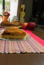 Brazilian apple pie, sweet very famous in Brazil on the wood table kitchen