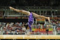 Brazilian artistic gymnast Rebeca Andrade competes on the balance beam at women`s all-around gymnastics at Rio 2016 Olympic Games Royalty Free Stock Photo