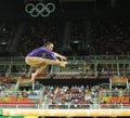 Brazilian artistic gymnast Rebeca Andrade competes on the balance beam at women`s all-around gymnastics at Rio 2016 Olympic Games Royalty Free Stock Photo