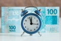 Brazilian banknote, one hundred Reals, In front of him an alarm clock set to five to twelve, Concept Royalty Free Stock Photo