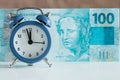 Brazilian banknote, one hundred Reals, In front of him an alarm clock set to five to twelve, Concept Royalty Free Stock Photo