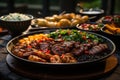 Brazilian banquet: beans, sun meat, acarajÃ©s, silly and more, at a vibrant table., generative IA