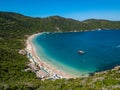 Brazilian beach Prainhas do Pontal de Atalaia in Arraial do Cabo in the Brazilian state of Rio de Janeiro. Aerial drone