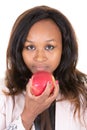 Brazilian black woman african american young woman with red apple in hand
