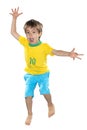 Brazilian Boy, jumping, yellow and blue.