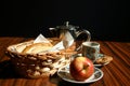 Brazilian breakfast. Traditional breakfast with bread, coffee, cookie and apple.