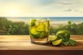 Brazilian Caipirinha cocktail on wooden table with a stunning beach and sea view, creating a perfect tropical paradise