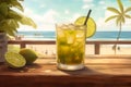 Brazilian Caipirinha cocktail on wooden table with a stunning beach and sea view, creating a perfect tropical paradise