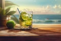 Brazilian Caipirinha cocktail on wooden table with a stunning beach and sea view, creating a perfect tropical paradise