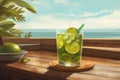 Brazilian Caipirinha cocktail on wooden table with a stunning beach and sea view, creating a perfect tropical paradise