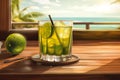 Brazilian Caipirinha cocktail on wooden table with a stunning beach and sea view, creating a perfect tropical paradise