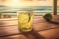 Brazilian Caipirinha cocktail on wooden table with a stunning beach and sea view, creating a perfect tropical paradise