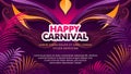 brazilian carnival flyer template with golden, dark purple mask and palm leaves design