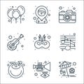 brazilian carnival line icons. linear set. quality vector line set such as beach, trumpet, coconut, music, mask, guitar, camera,