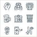 brazilian carnival line icons. linear set. quality vector line set such as travel, smartphone, hot air balloon, drum, shop, beer,