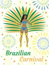 Brazilian carnival Rio de Janeiro poster, invitation. Brazil samba dancers, women dance in costumes with feathers
