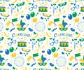 Brazilian Carnival seamless pattern with mask feathers, confetti, balloons. Brazil endless background, texture Royalty Free Stock Photo