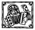 Brazilian cordel style. Accordionist with parrot. Woodcut style Royalty Free Stock Photo